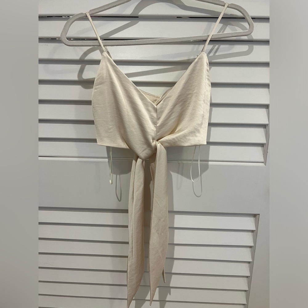 EBLuxe Cream Satin Crop-Top w/ adjustable bows/ties in front & back Size:S (NWT)